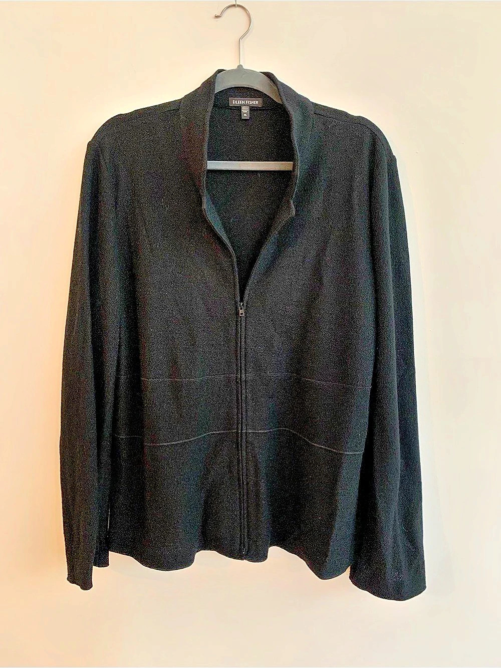 Eileen Fisher Black Wool Zip-Front Sweater Size XL